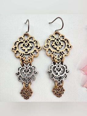 Vintage 90s Lucky Brand Filigree Cutout Openwork Drop Earrings Two Tone Festival